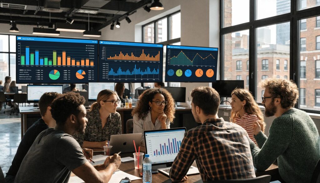 Marketing team analyzing social media campaign data in a modern office