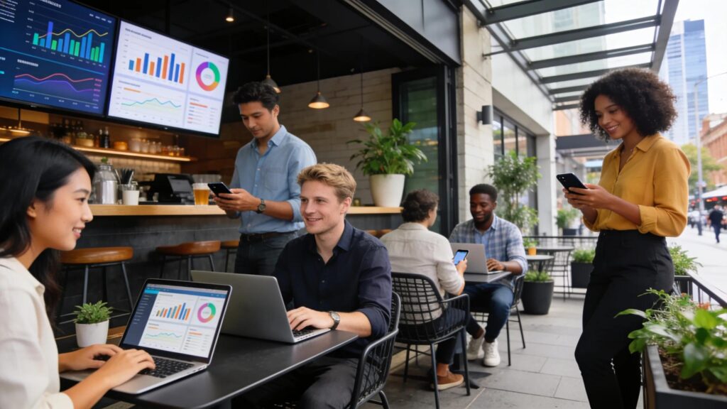 Small business team collaborating on marketing strategies in Sydney's vibrant environment
