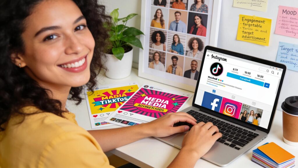 Small business owner using social media marketing at a workspace