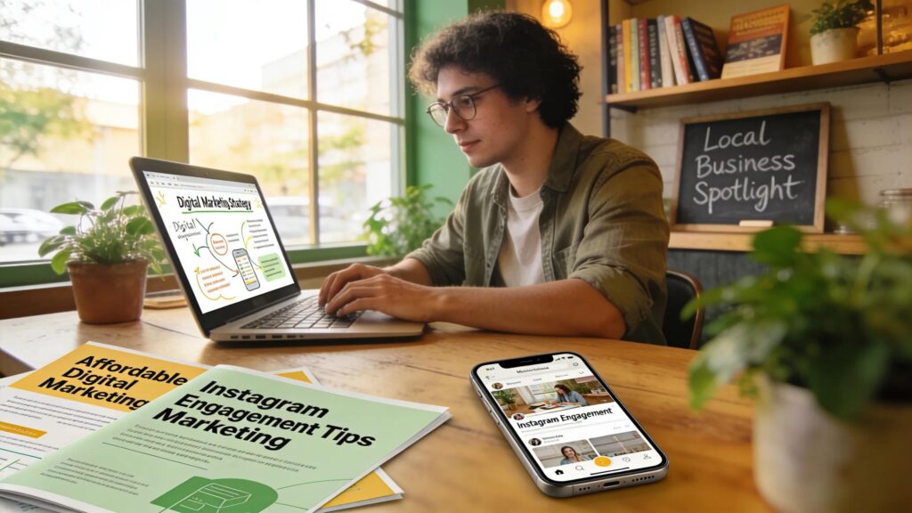 Small business owner working on digital marketing strategies in a cozy café atmosphere