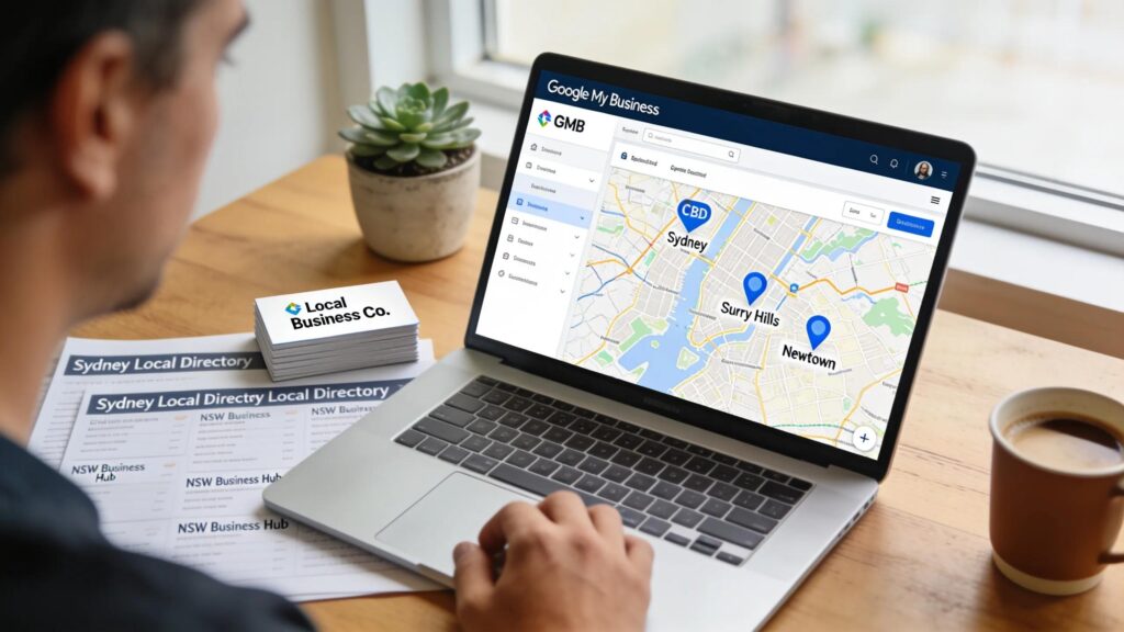 Person optimizing Google My Business profile for local SEO enhancement in a professional setting
