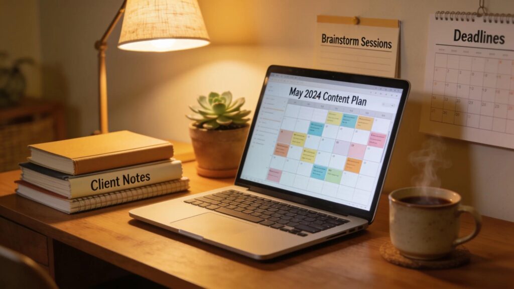 Open laptop displaying a content calendar with notebooks and coffee beside it, emphasizing productivity for small businesses