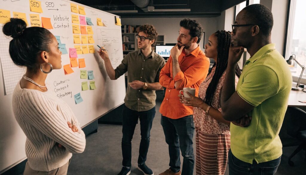 Group of professionals collaborating on a whiteboard to align content strategies with SEO, enhancing marketing visibility