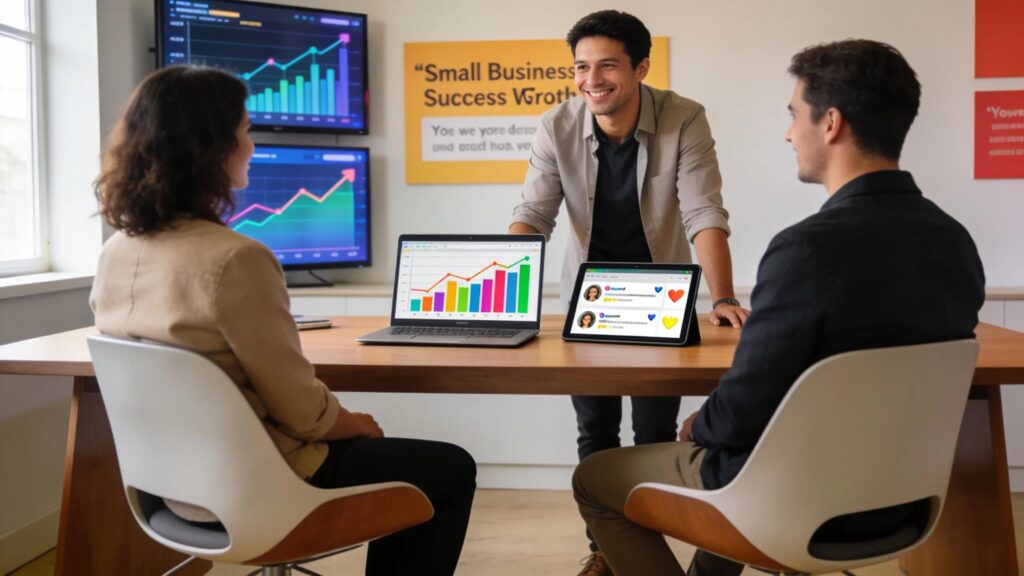 Small business owner interacting with customers in a modern workspace, illustrating digital marketing strategies for growth