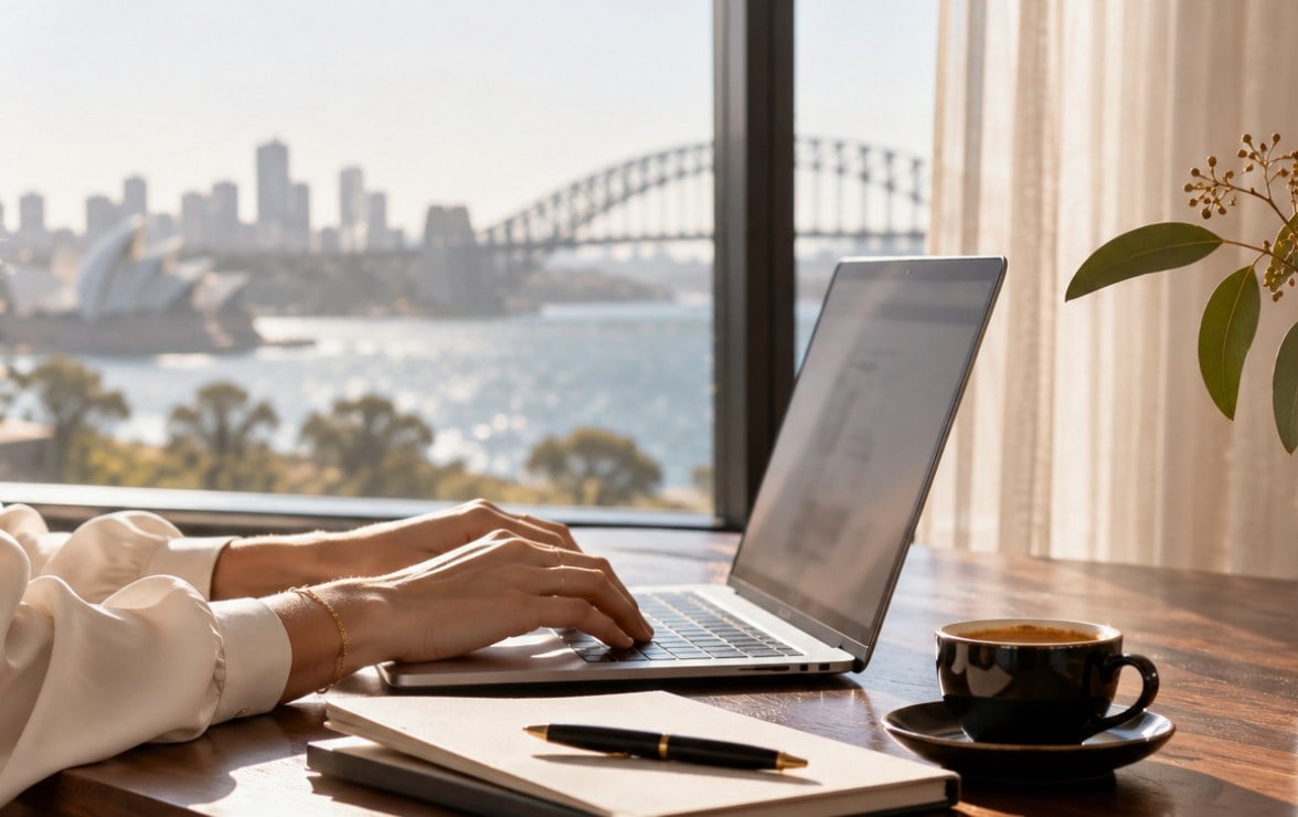 Hands typing on a laptop overlooking Sydney Harbour