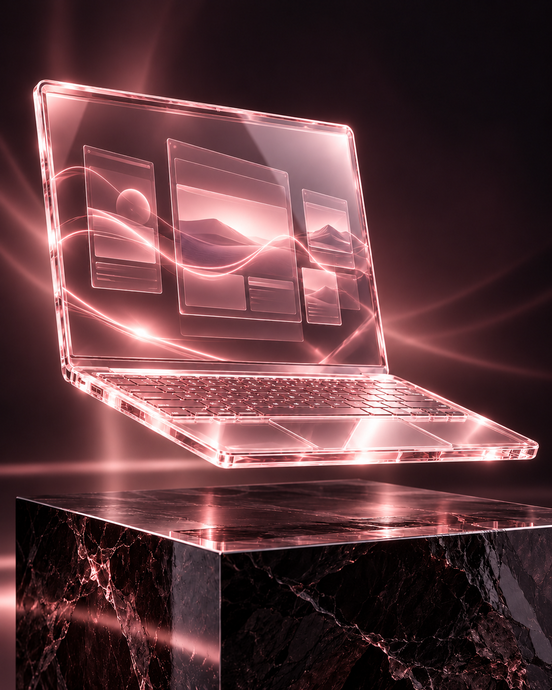 Translucent blush pink laptop representing connected websites and AI